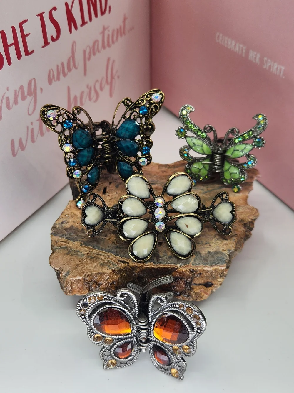 Butterfly Crystal Hair Clips - Blue, Green, Ivory, or Amber